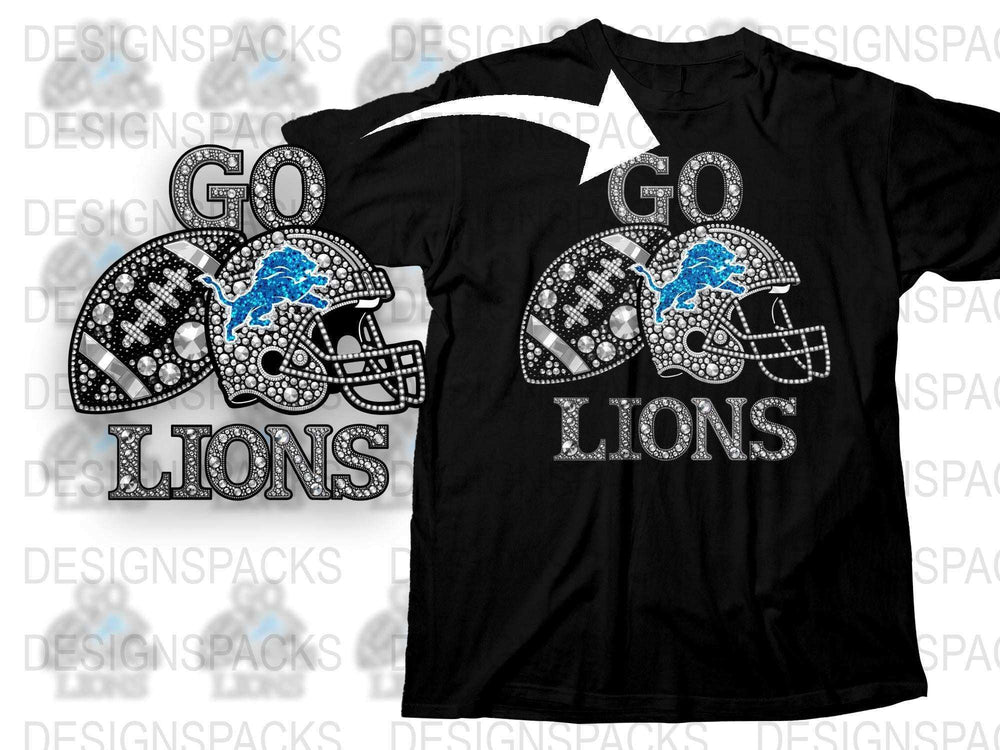 Go Lions Football T-Shirt, Rhinestone Bling Sports Tee, Black Unisex Shirt for Fans