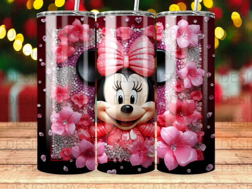 Minnie Mouse with pink bow and floral accents on a sparkly tumbler.