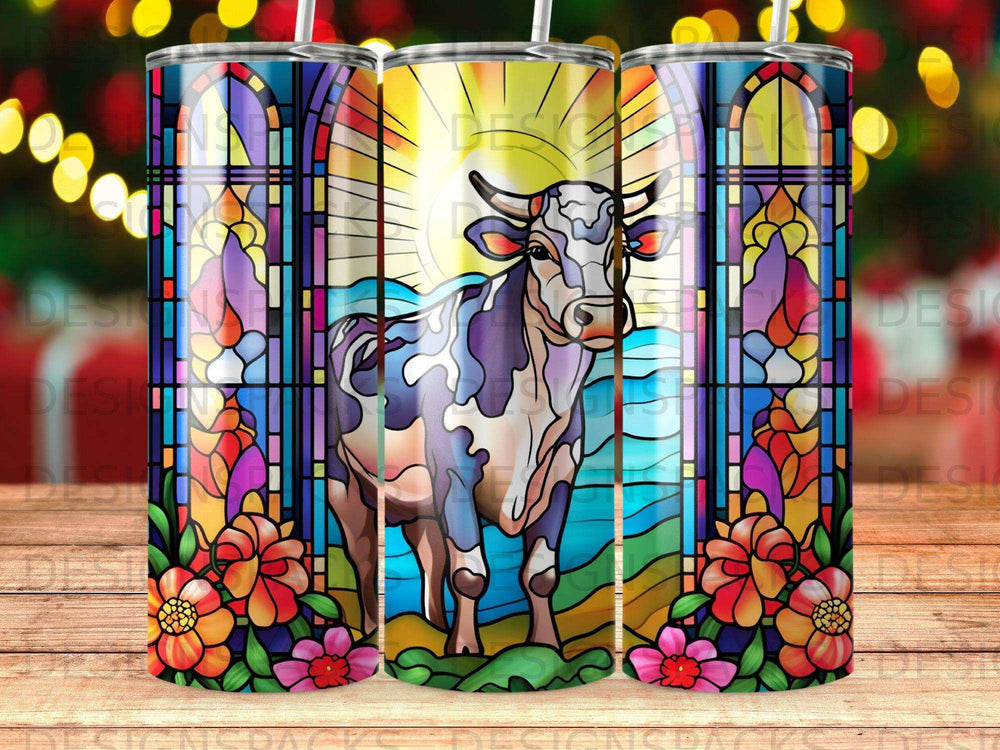 Cow against stained glass window with floral and sun motifs.