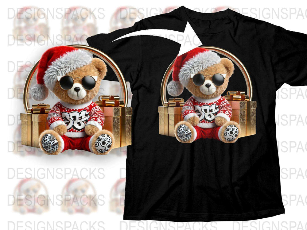 Cute Teddy Bear Santa Hat Christmas T-Shirt, Festive Holiday Graphic Tee, Unisex Black Shirt