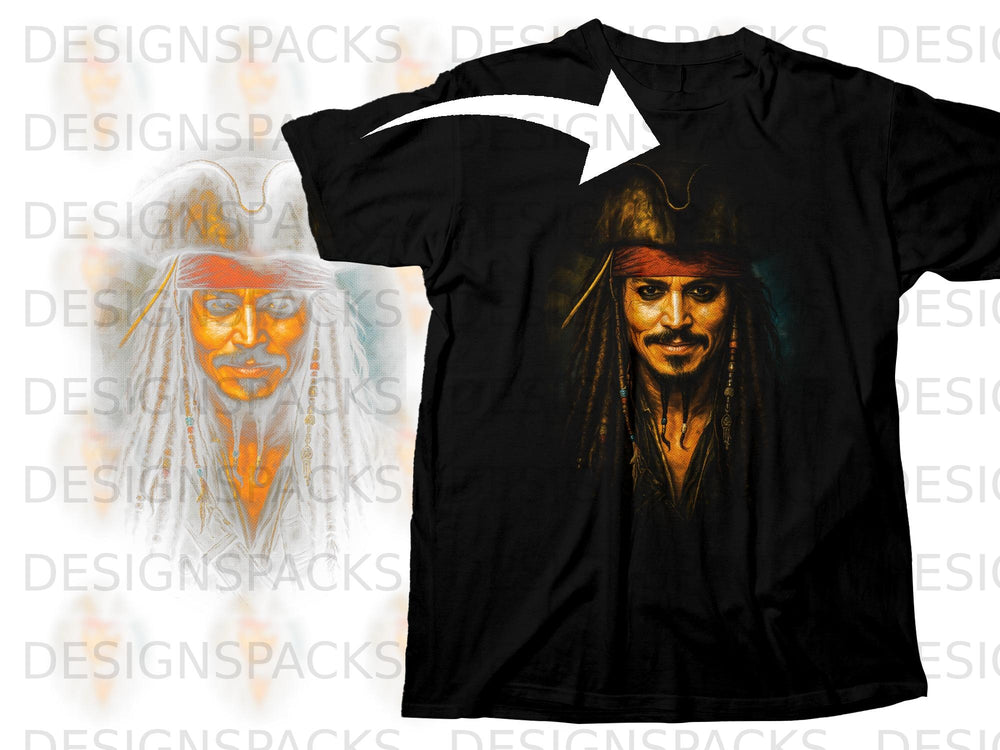 Black t-shirt with a graphic of Captain Jack Sparrow's face.