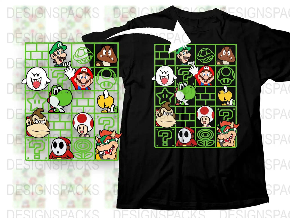 Mario Inspired Gaming T-Shirt, Retro Video Game Characters Shirt, Cute Cartoon Graphic Tee for All Ages