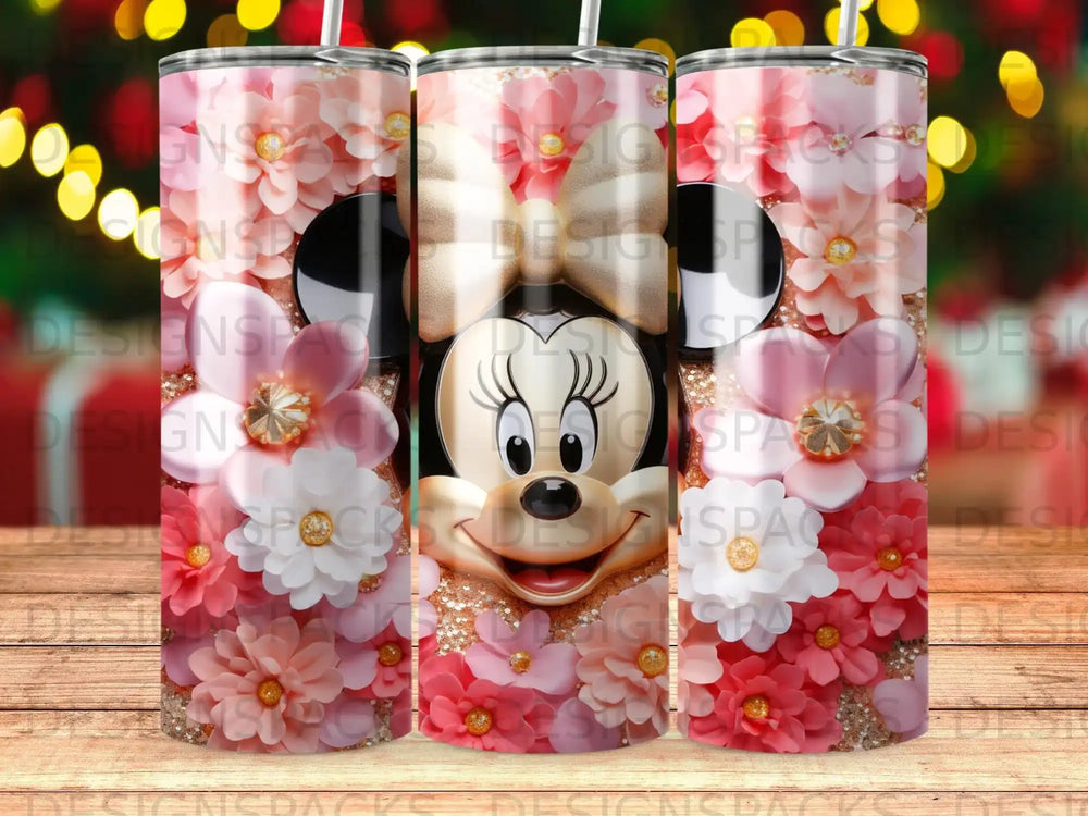 Minnie Mouse with floral accents and glitter on a tumbler.