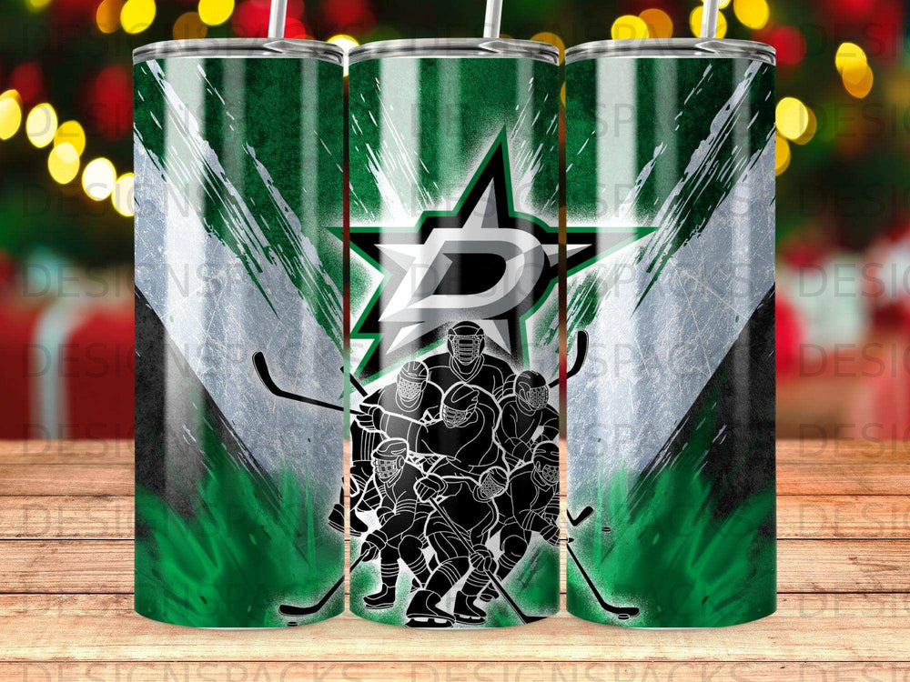 Dallas Stars hockey team silhouette on a green and white striped tumbler.