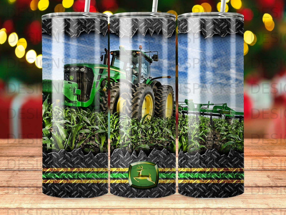Green John Deere tractor plowing a field with diamond plate and striped trim.