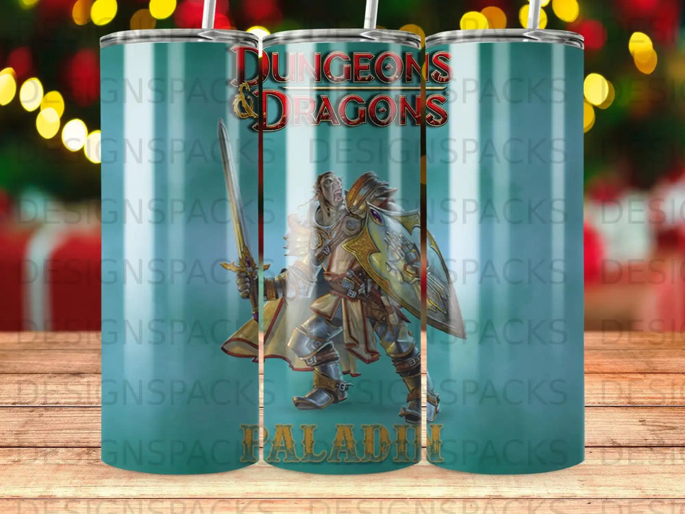 Dungeons & Dragons knight warrior with sword, on a green patterned tumbler.