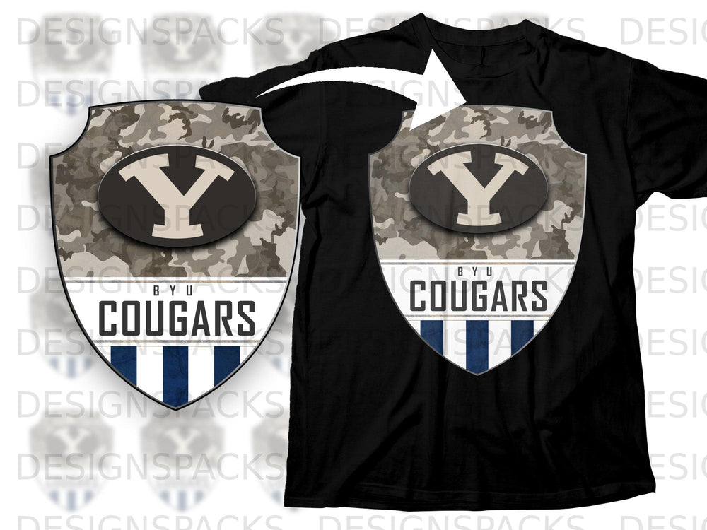 Black t-shirt with BYU Cougars shield logo featuring camouflage and navy stripes.
