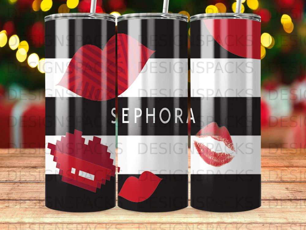 Black and white striped tumbler with Sephora logo and red lips.
