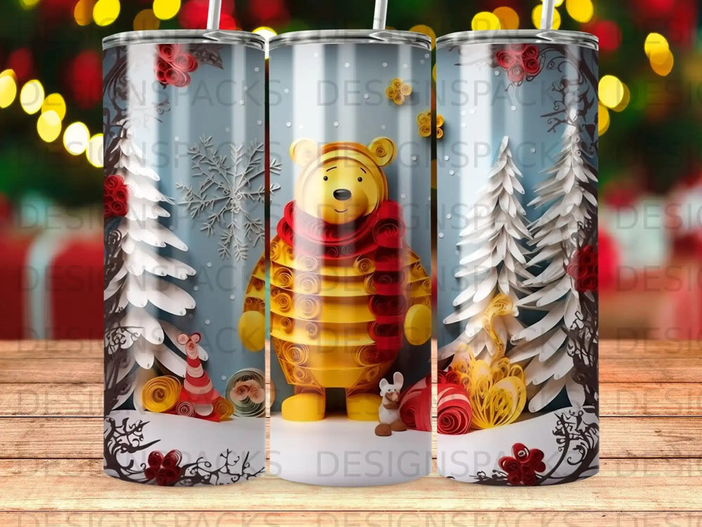 Winnie the Pooh in a red scarf among snowflakes and presents on a tumbler.