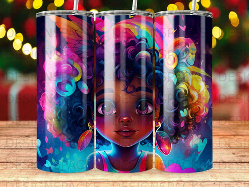 Illustration of a young Black girl with colorful, curly hair and large earrings.