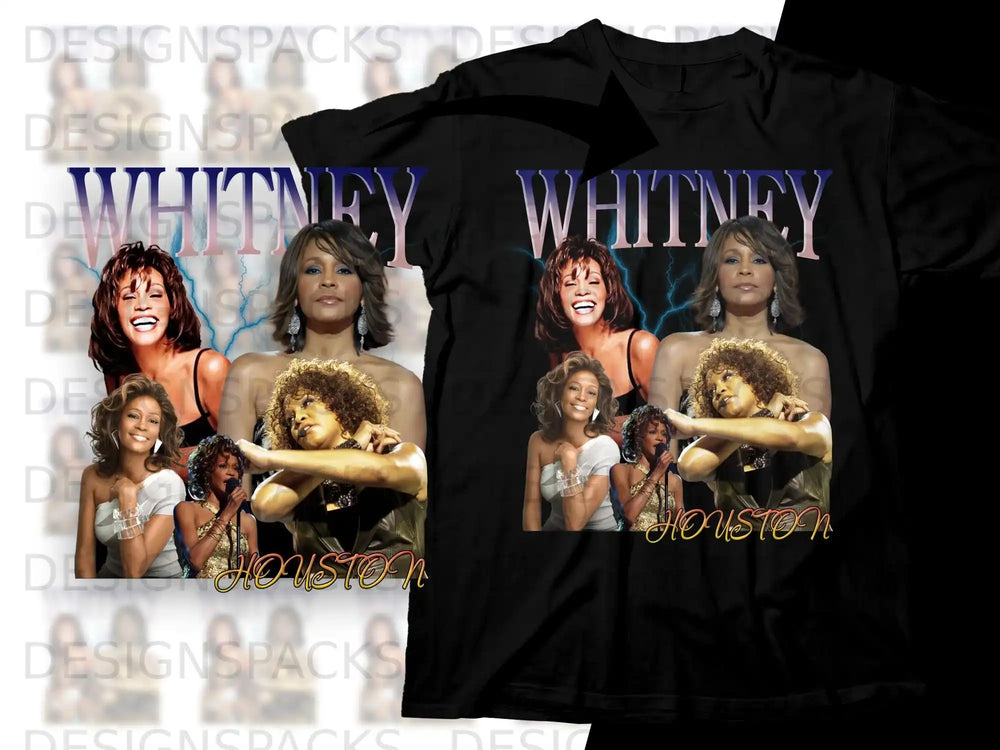 Black t-shirt featuring Whitney Houston and "HOUSTON" in distressed print.