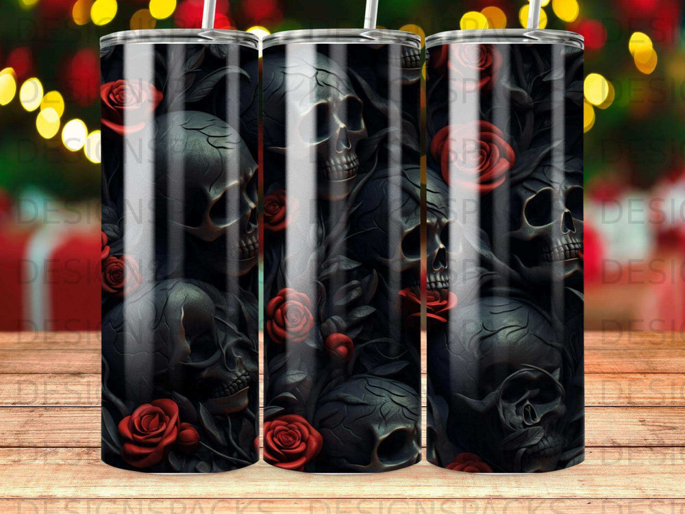 Skulls and red roses on a dark patterned tumbler.