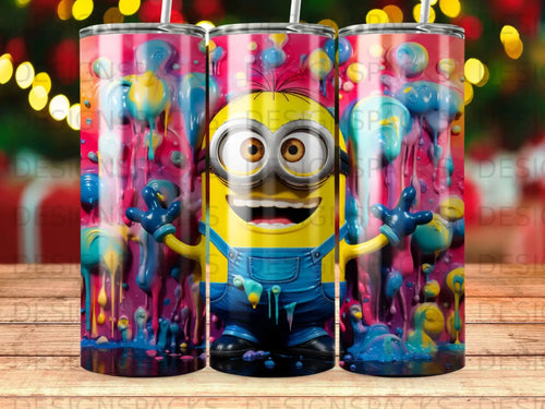Minion character with blue overalls covered in colorful dripping paint.