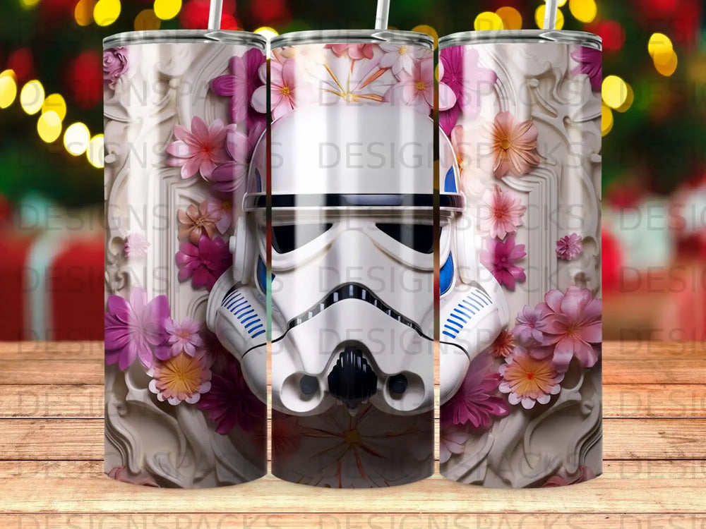 Stormtrooper helmet with pink and purple flowers and ornate white background.