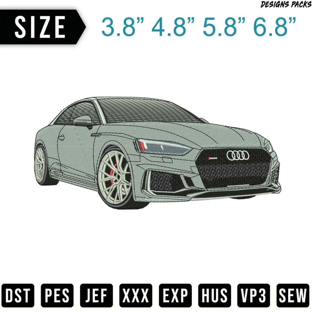 Audi RS5 front view embroidery design in multiple sizes and formats.