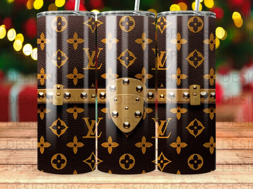 Brown tumbler with LV monogram pattern and gold hardware detail.