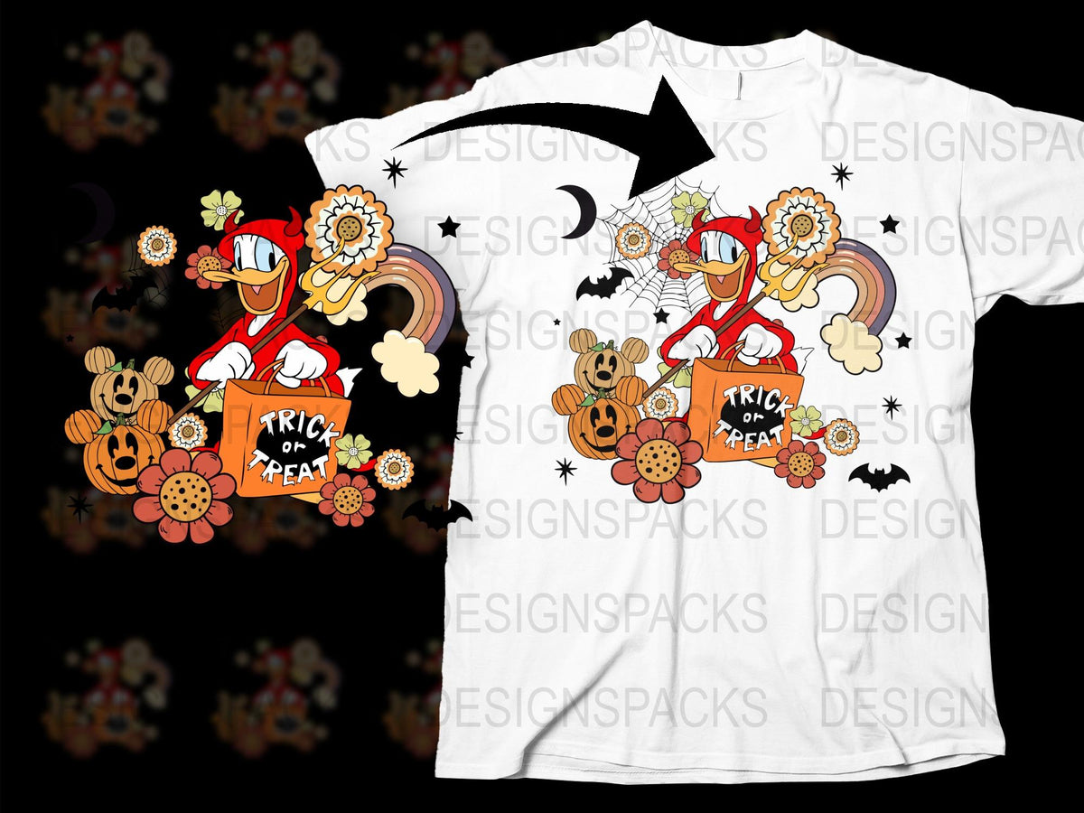 Halloween Duck T-Shirt, Trick or Treat Cartoon Duck Tee, Cute Fall Pumpkin Graphic Shirt, Unisex Kids and Adults Halloween Costume Top