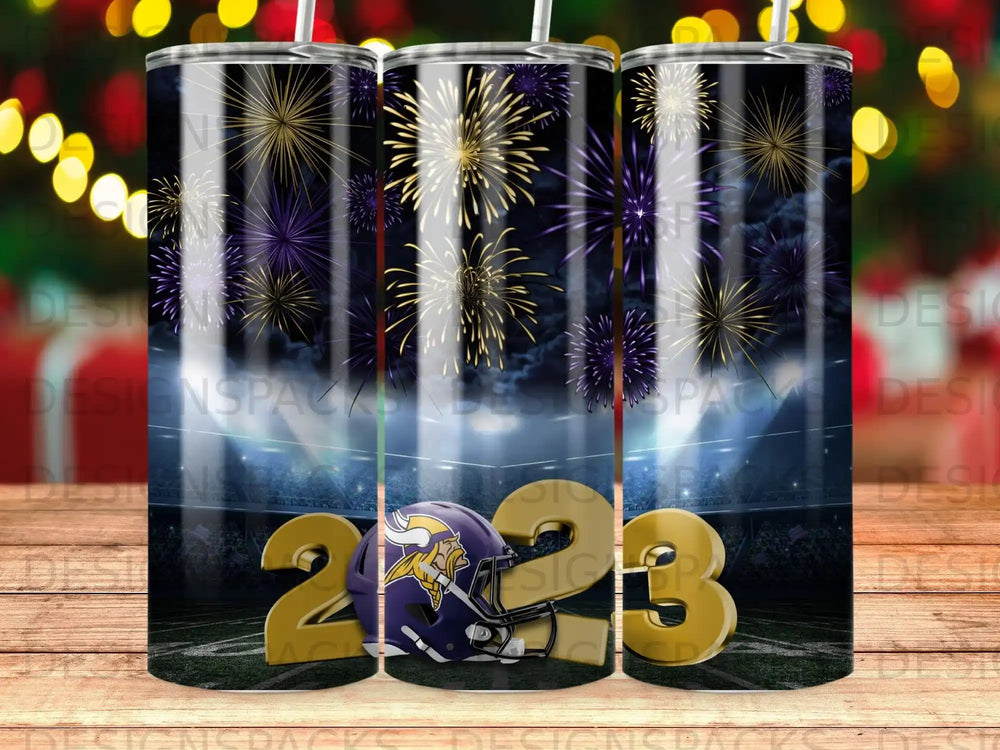 Minnesota Vikings helmet on a football field with fireworks and "2023" text.