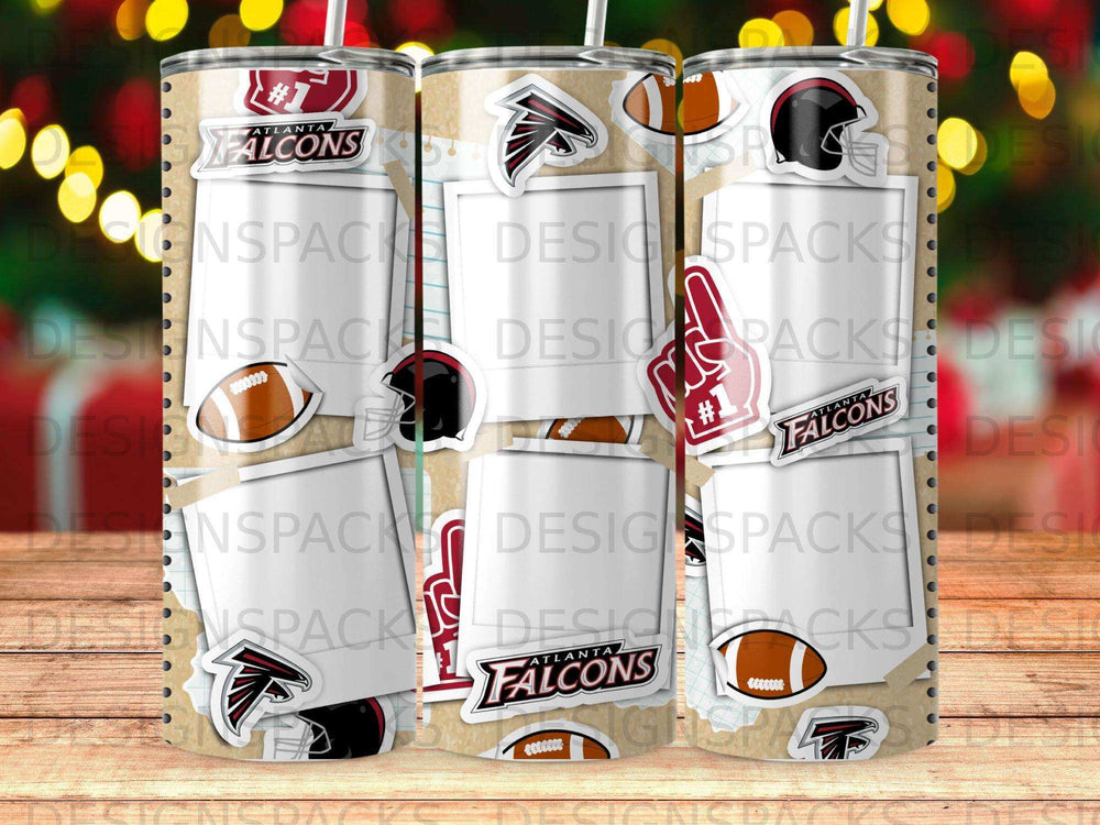 Tumbler featuring Atlanta Falcons logos and football imagery.