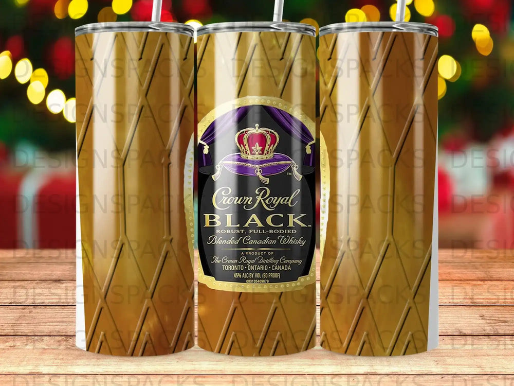 Crown Royal Black Canadian whisky tumbler with branding.