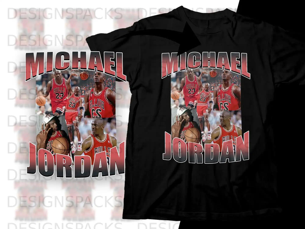 Black t-shirt with Michael Jordan in Bulls uniform on front.