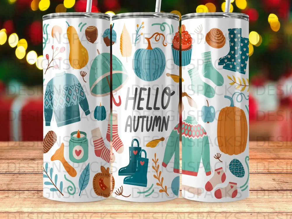 Fall-themed tumbler with "Hello Autumn" text and seasonal icons.
