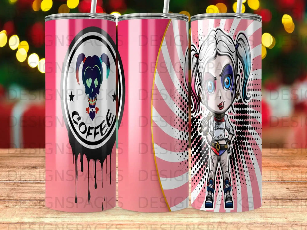 Harley Quinn character with coffee cup on pink patterned tumbler.