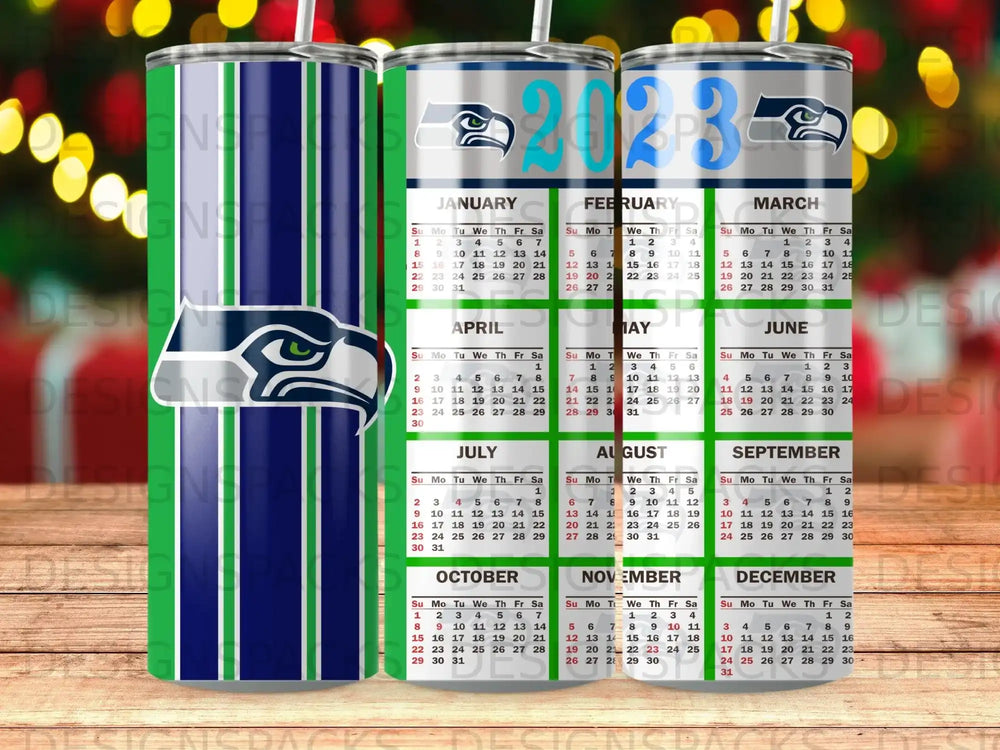 Seattle Seahawks 2023 calendar tumbler with blue and green logo.