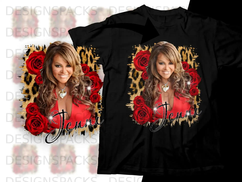 Black t-shirt with Jenni Rivera portrait, roses, and leopard print design.