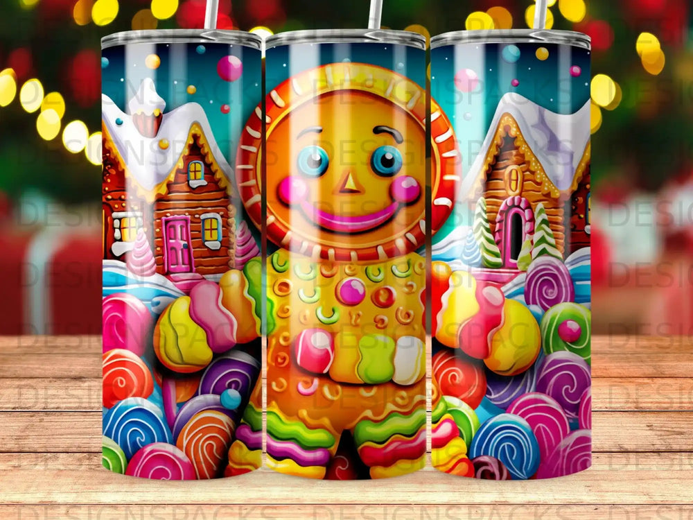 Gingerbread man with colorful candy and holiday houses.