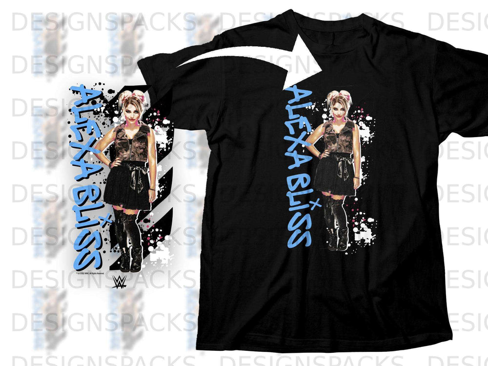 Black t-shirt with Alexa Bliss graphic and WWE logo.