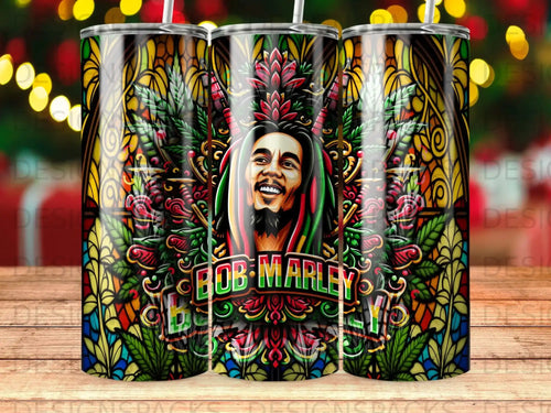 Bob Marley portrait on a colorful stained glass patterned tumbler.