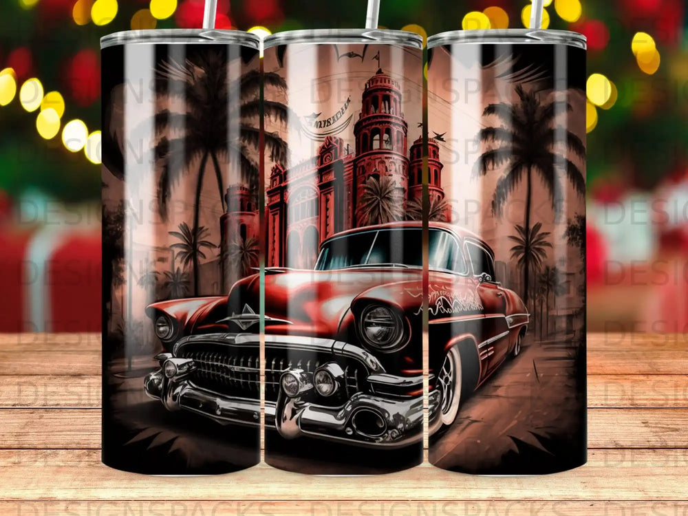 Red classic car with ornate building and palm trees in background.