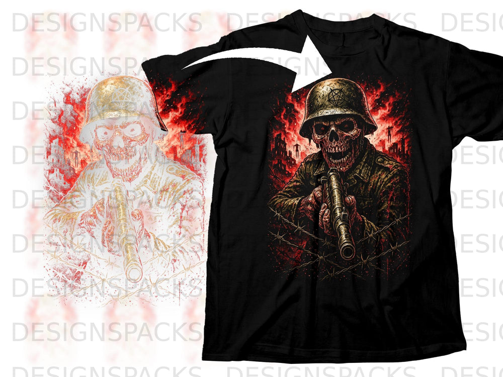 T-shirt with a skull soldier design, holding a rifle, with flames and barbed wire.