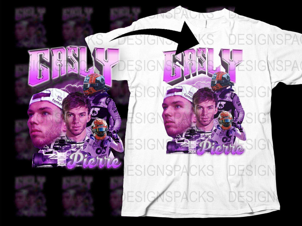 Motorsport Themed T-Shirt with Racing Driver and Helmet Graphics, Purple and White Design