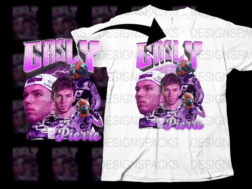 Motorsport Themed T-Shirt with Racing Driver and Helmet Graphics, Purple and White Design