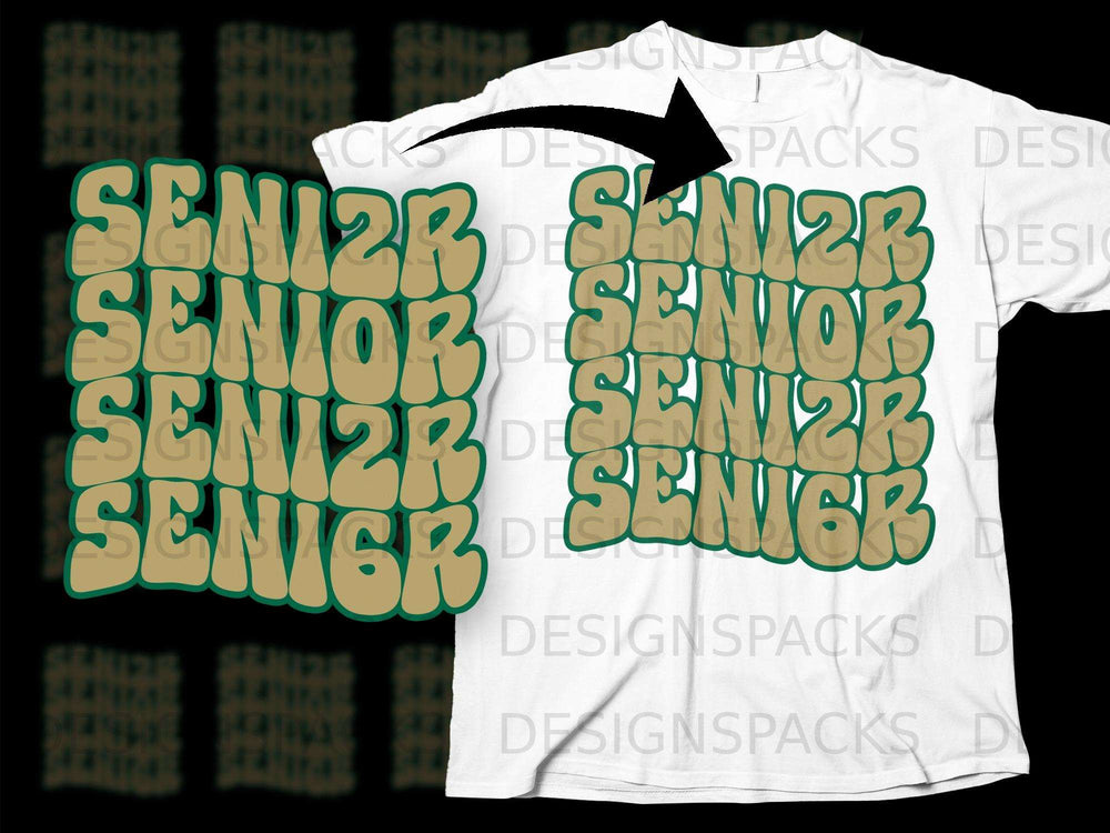 White t-shirt with repeated "SENIOR" text graphic in tan and green.
