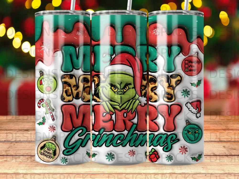 Merry Grinchmas tumbler with Grinch face, candy canes, and Santa hat.