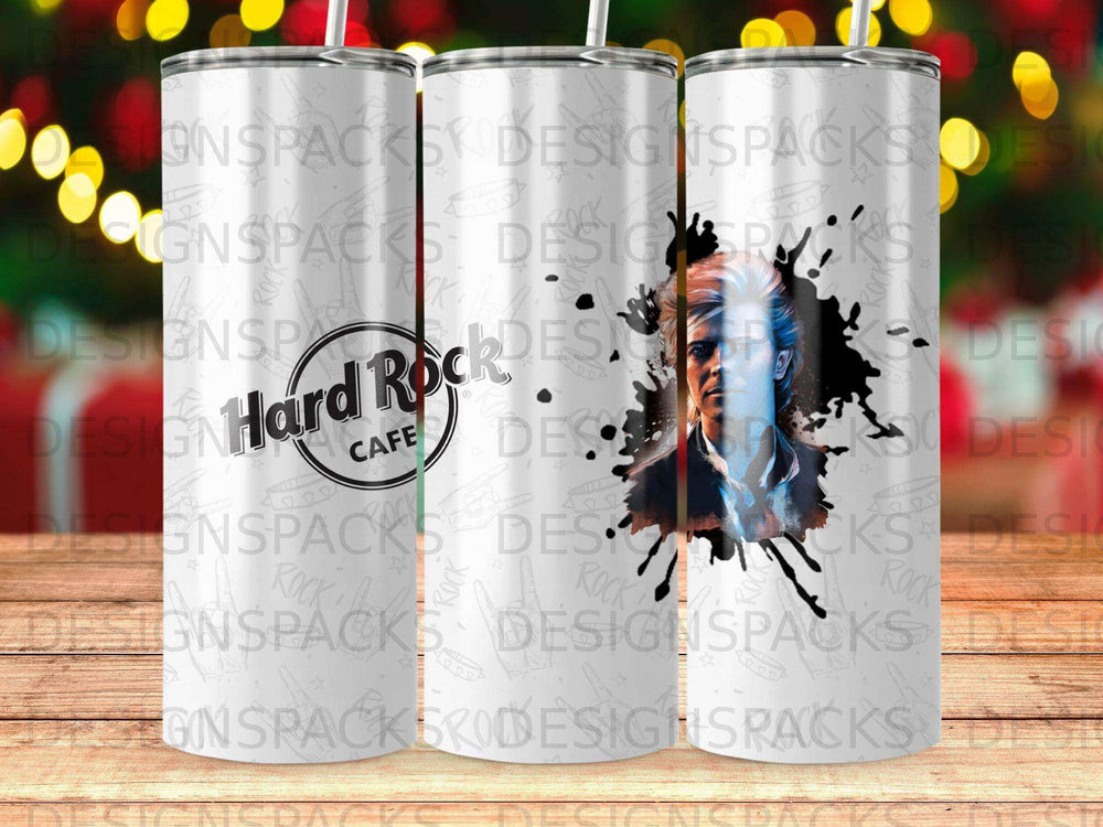 Hard Rock Cafe tumbler with an abstract portrait and splatter design.