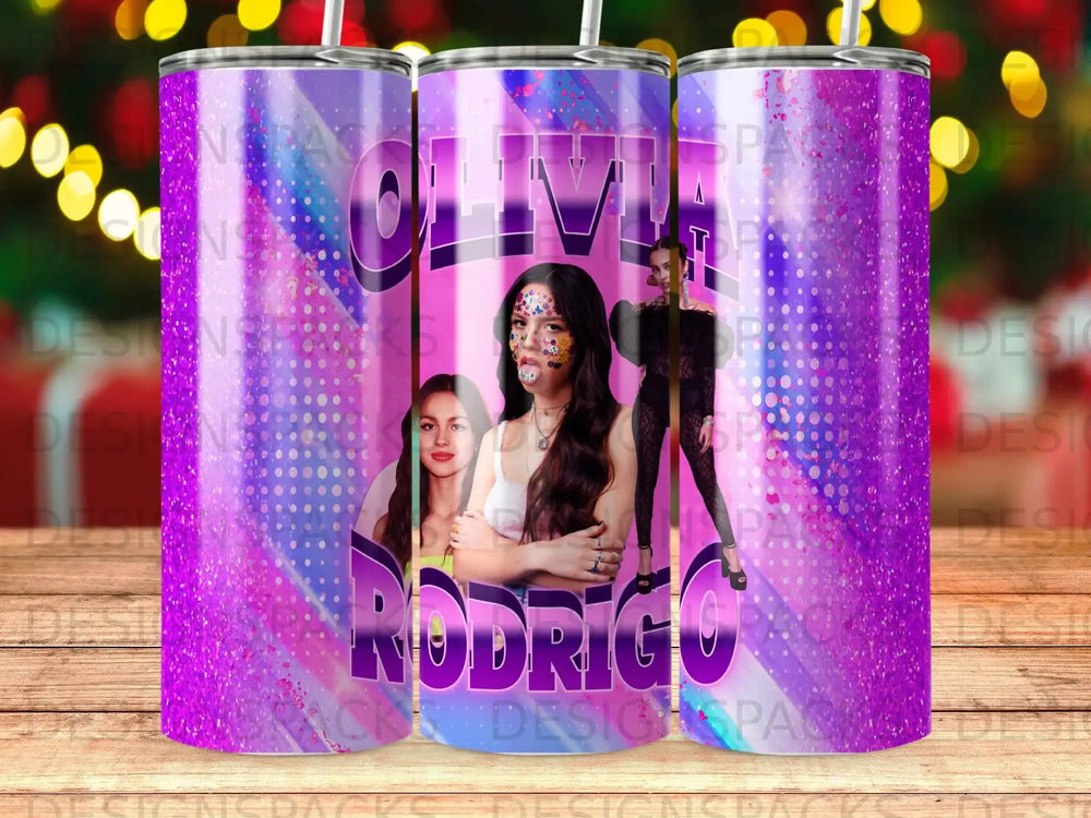 Tumbler with Olivia Rodrigo's face and the name "Olivia Rodrigo" in glitter.