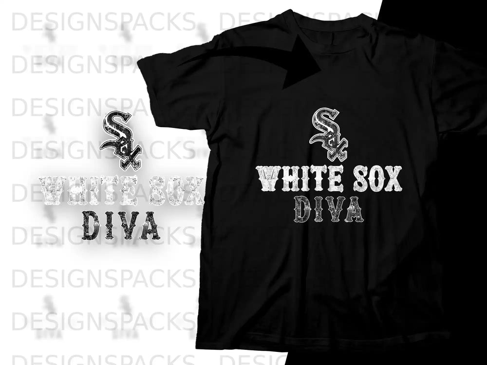Black t-shirt with "WHITE SOX DIVA" text and team logo.