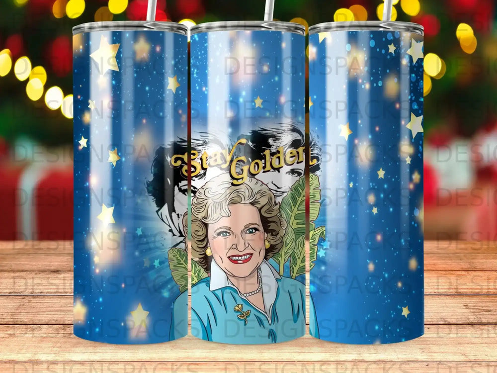 Betty White portrait on a blue tumbler with "Stay Golden" text and starry background.