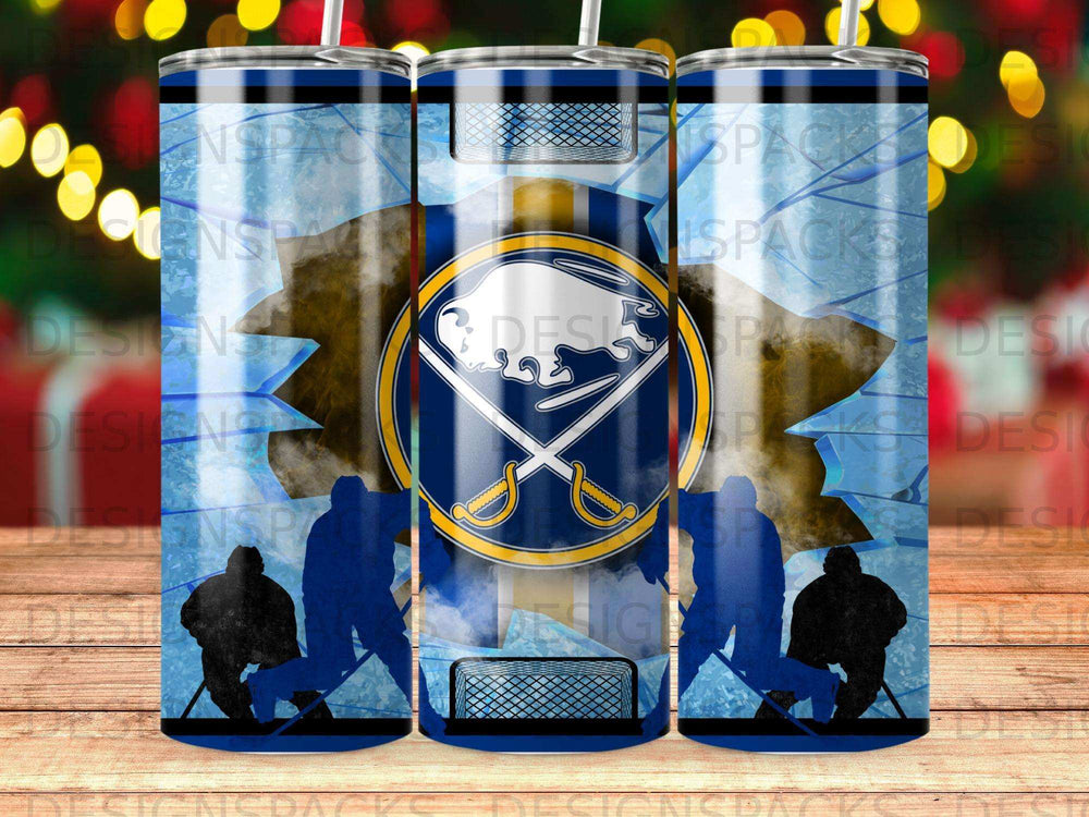Buffalo Sabres logo with hockey players on a tumbler.