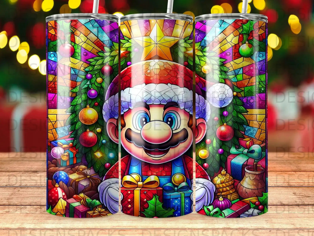 Mario wearing a Santa hat surrounded by gifts and a Christmas tree.