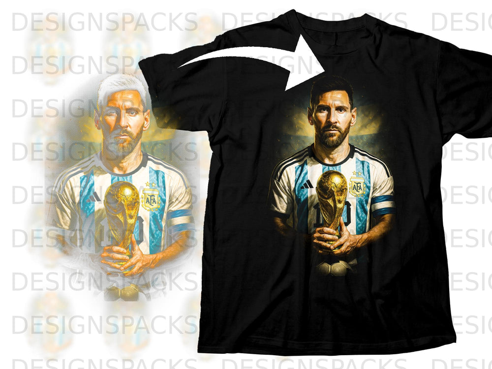 Lionel Messi in Argentina jersey holding World Cup trophy on black t-shirt.