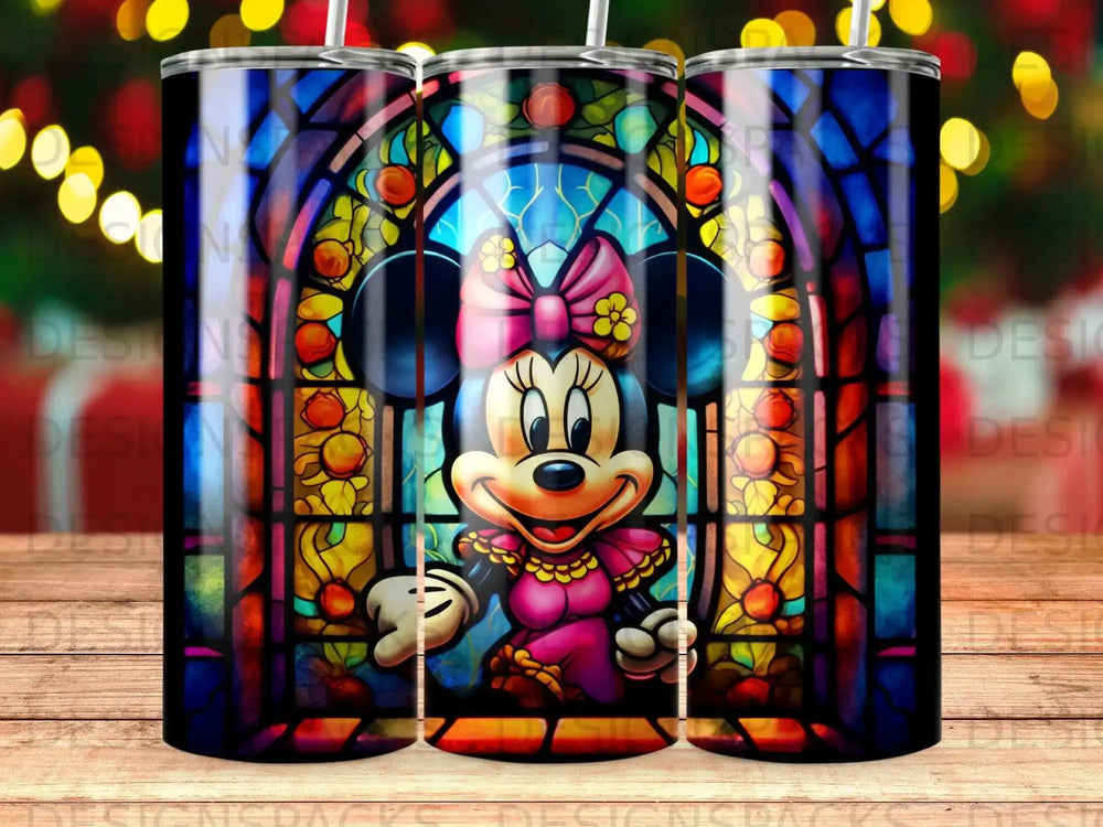 Stained glass window with Minnie Mouse in center, vibrant colors.