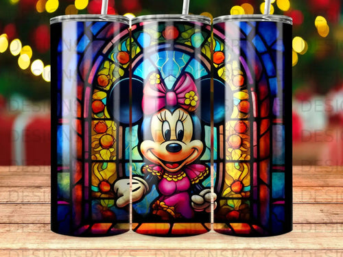 Stained glass window with Minnie Mouse in center, vibrant colors.