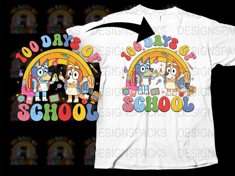 100 Days of School T-Shirt, Colorful Kids Celebration Tee, Cartoon Dog and Cat Design, Teacher Gift