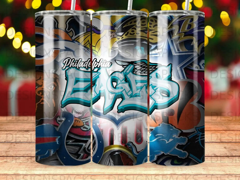 Philadelphia Eagles logo and team colors on a patterned tumbler.