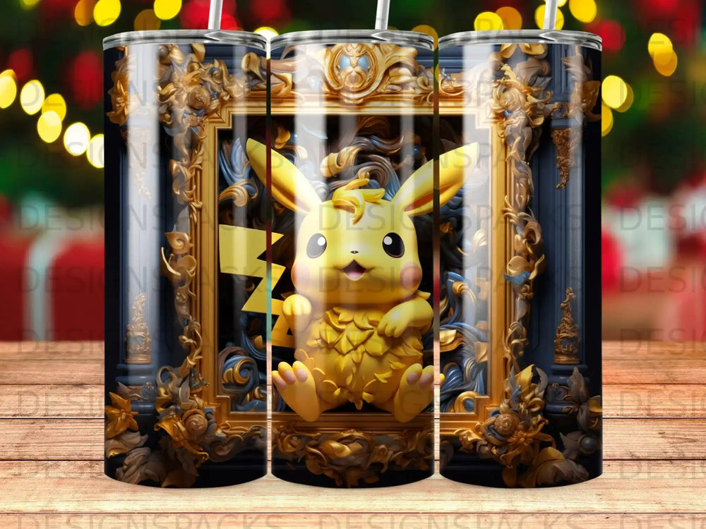 Pikachu in ornate golden frame with dark background and bokeh lights.